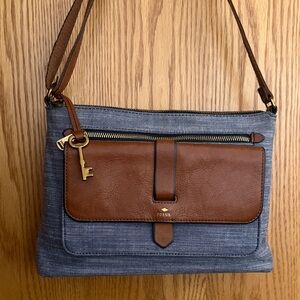 Fossil Denim and Tan Shoulder Bag
